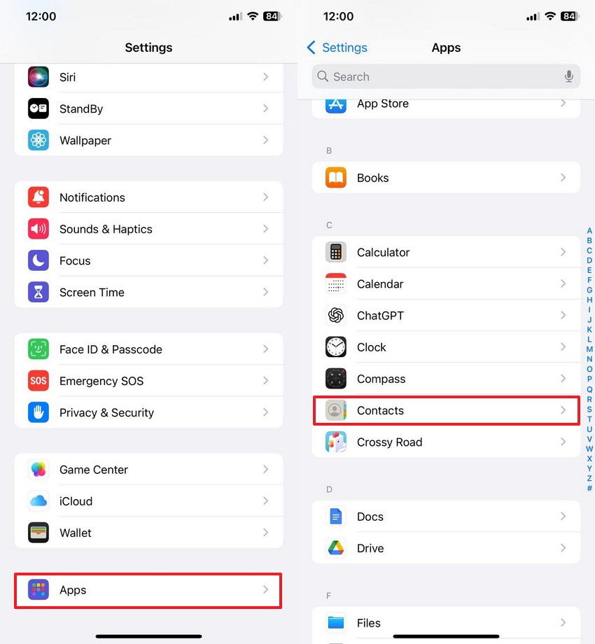 access contacts app settings iphone