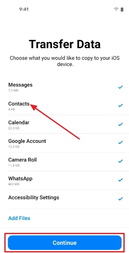 tap continue after contacts selection