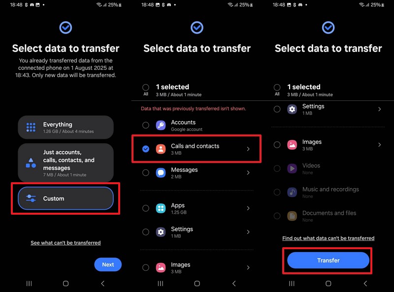 choose contacts to transfer