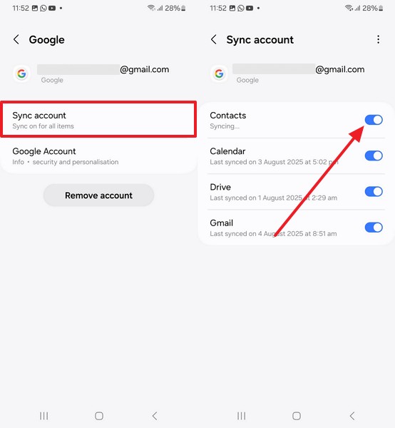 enable sync contacts toggle