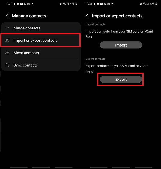 export contacts to sim card
