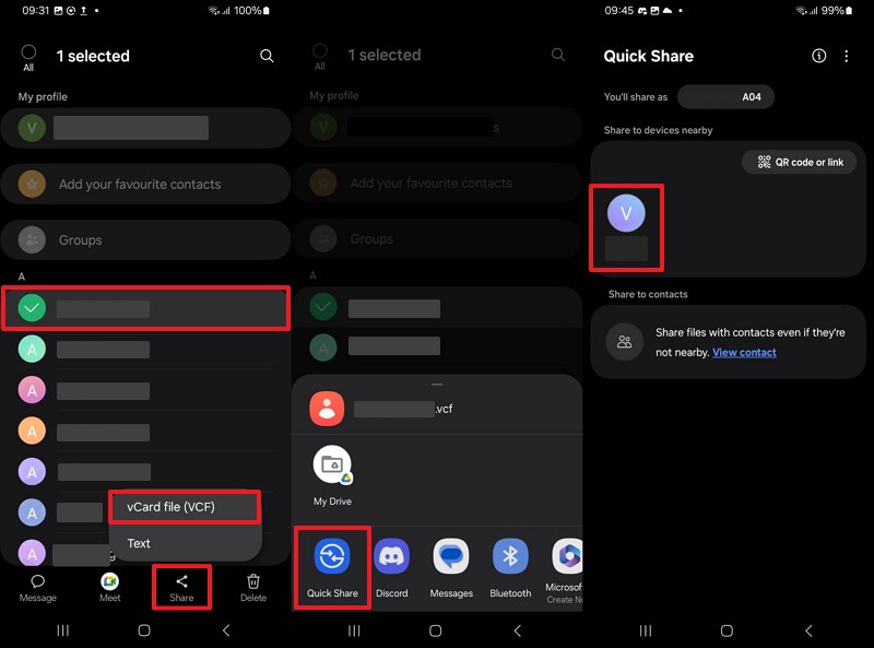 use quick share to transfer contacts