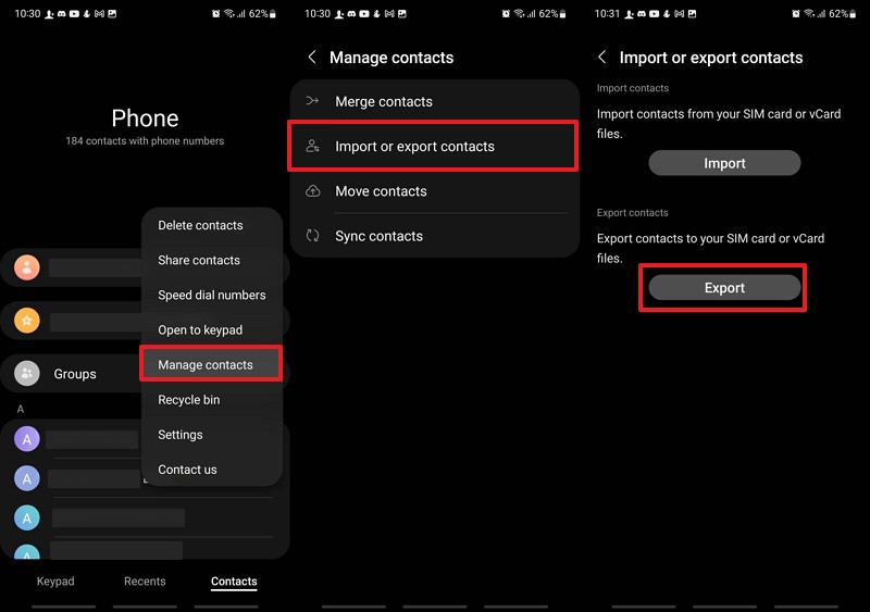 export contacts from the old samsung
