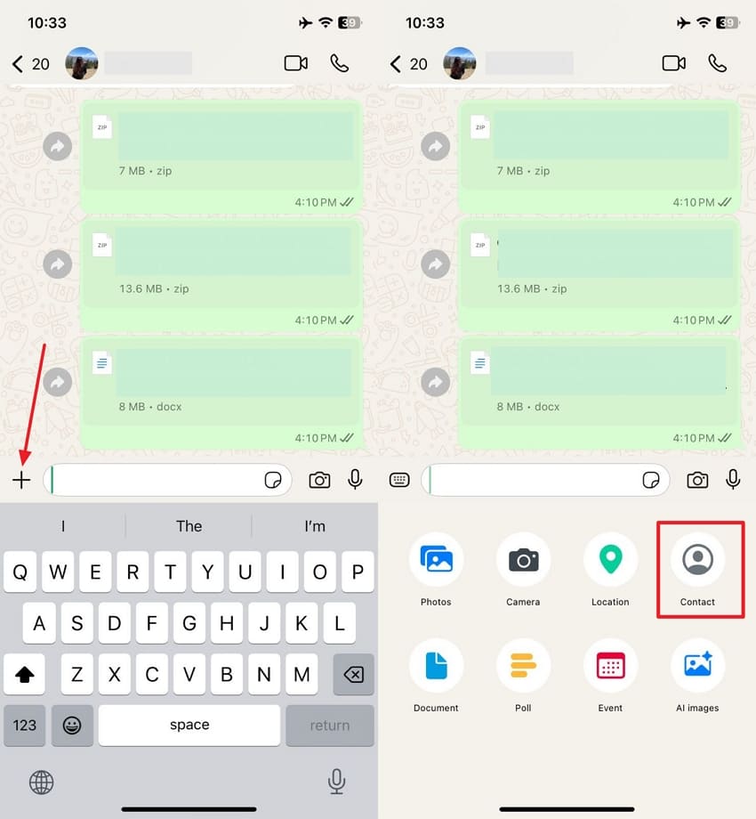 attach contacts iphone whatsapp