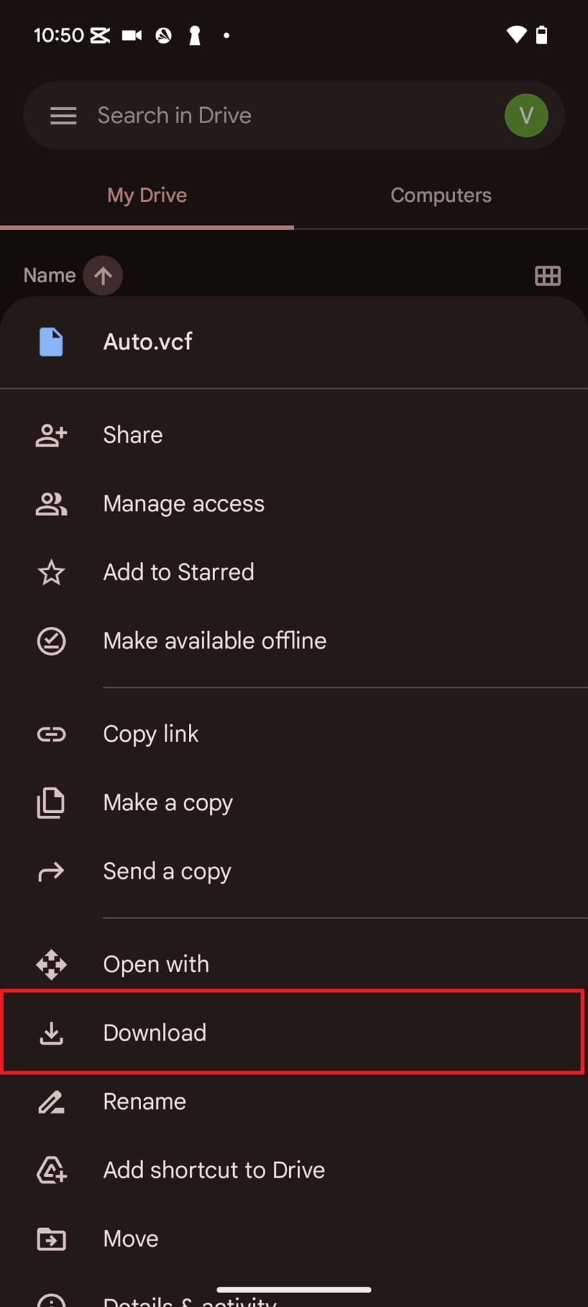 download synced contact from google drive
