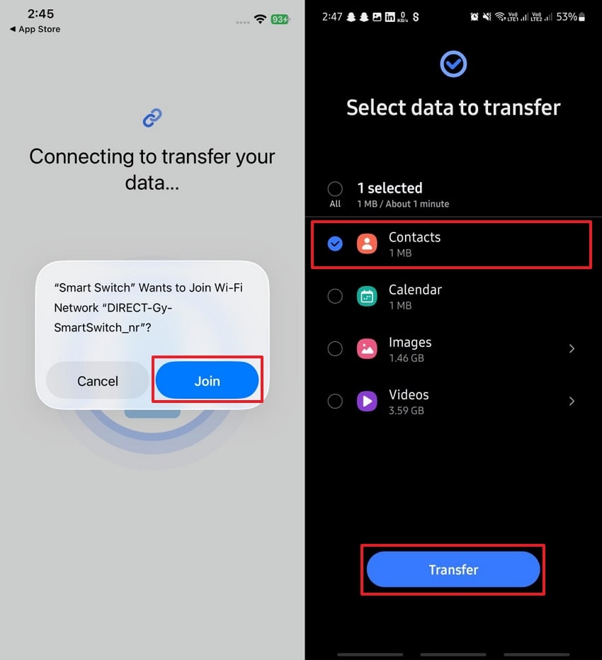 join network and transfer contacts