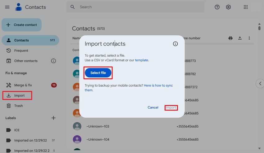 import and select file