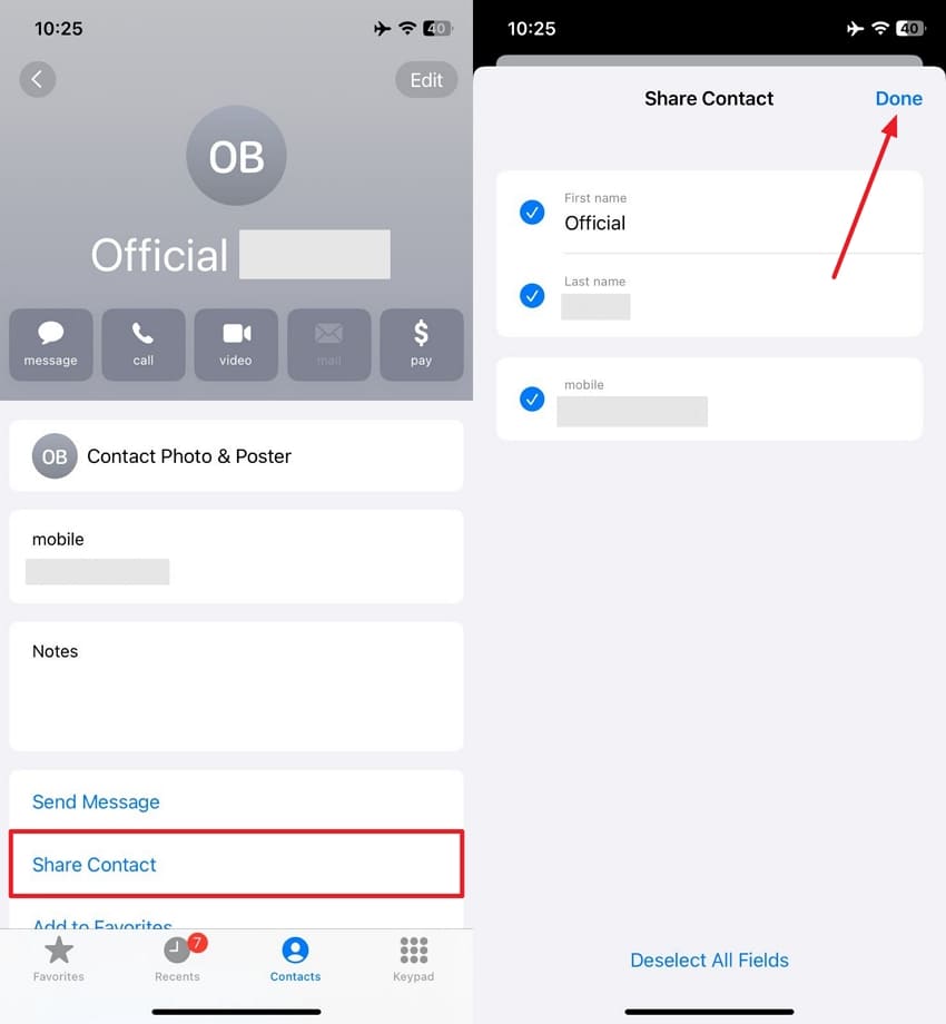 share contacts iphone