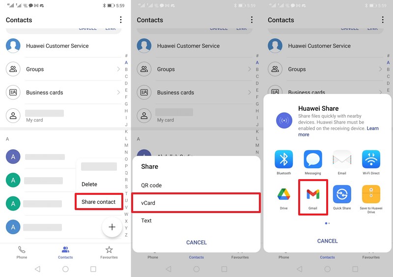share vcf file through gmail