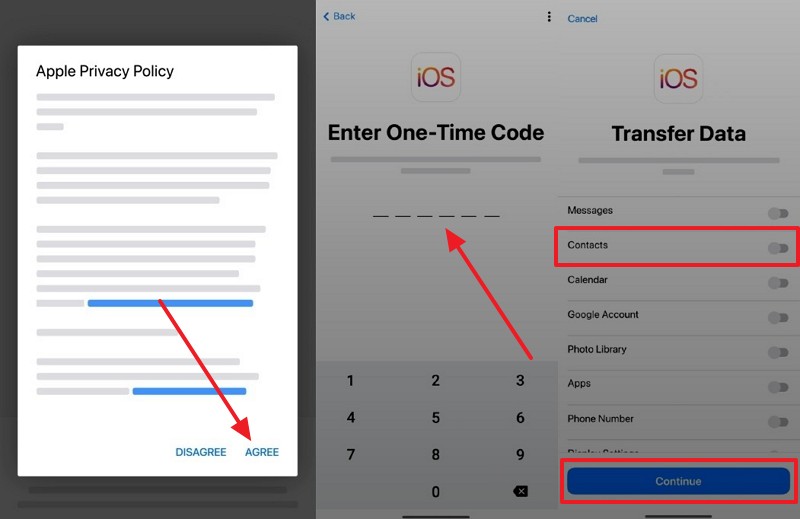 put iphone code to transfer contacts