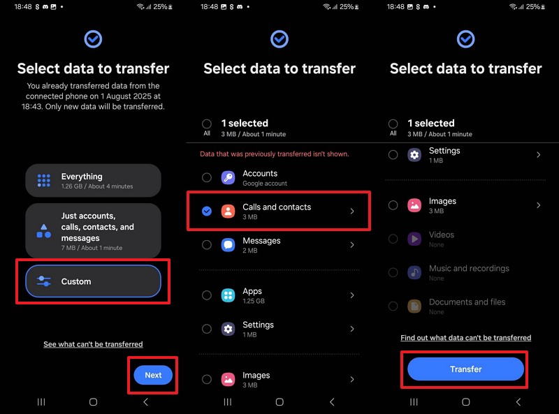 choose contacts to transfer