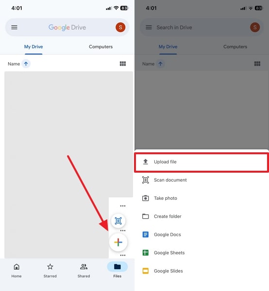 choose upload file on google drive