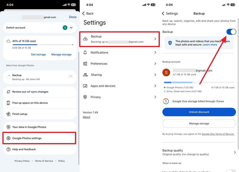 enable google photos backup on iphone