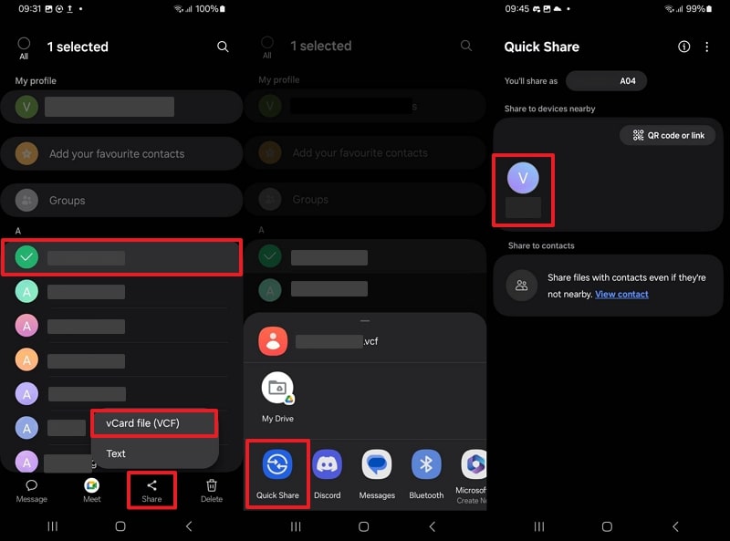 share samsung contacts via quick share