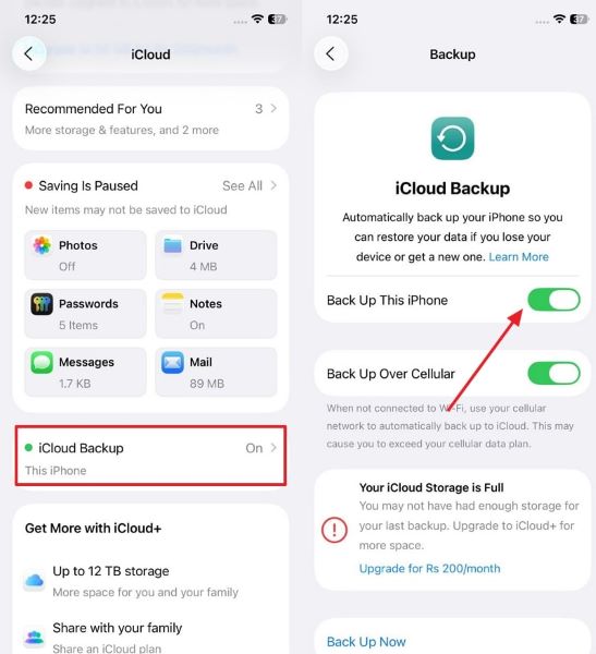 enable back up this iphone