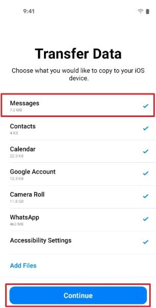 select messages and continue