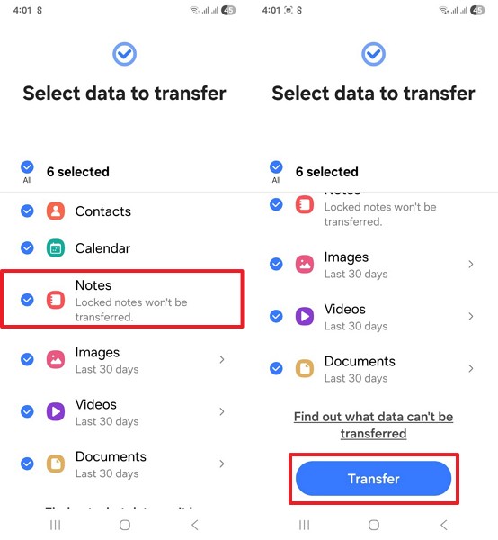 select notes to transfer them