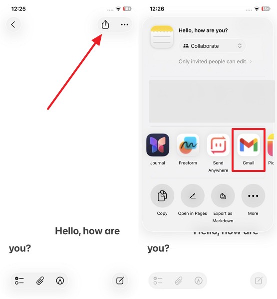share notes and choose gmail