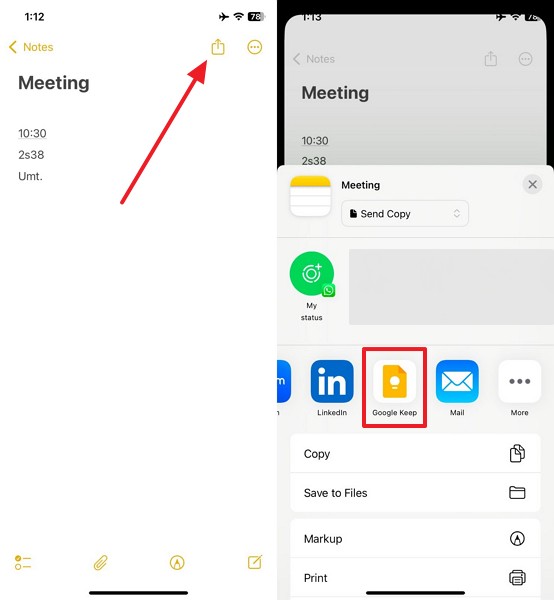 share iphone notes to google keep