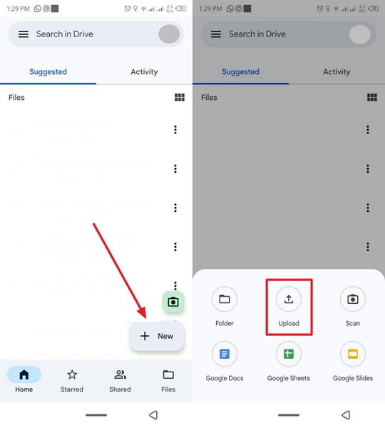 select upload to import photos