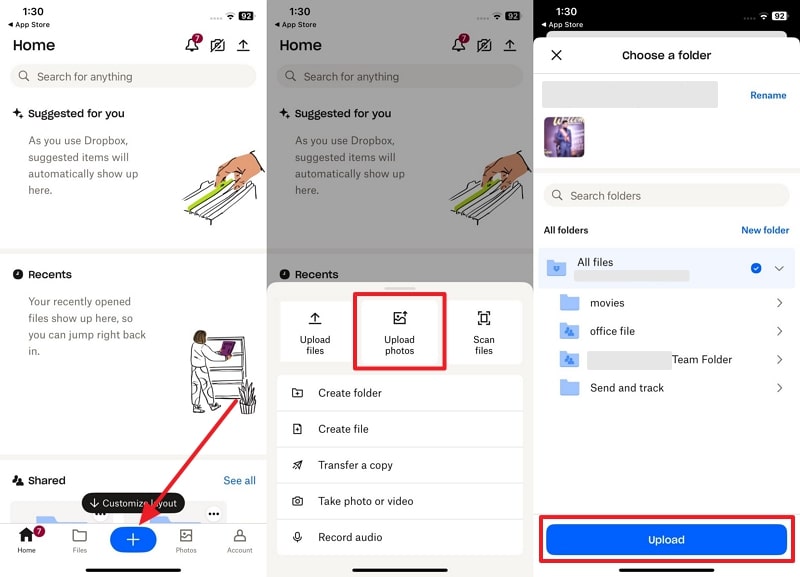 upload iphone photos on dropbox
