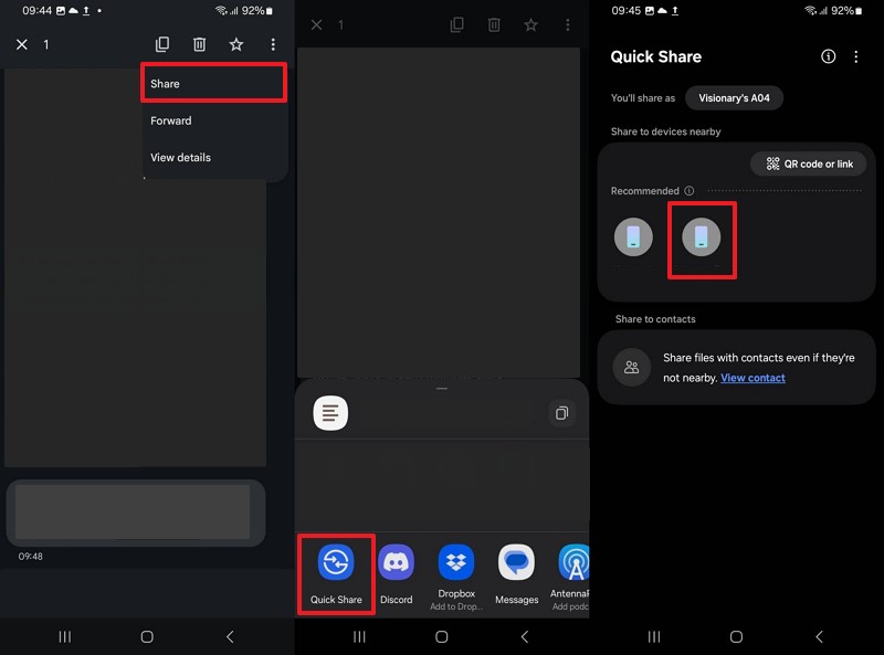 share text messages through quick share
