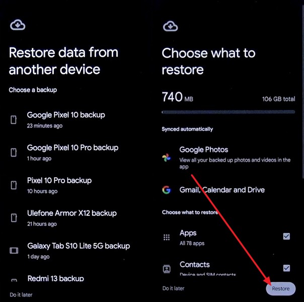 restore the google backup