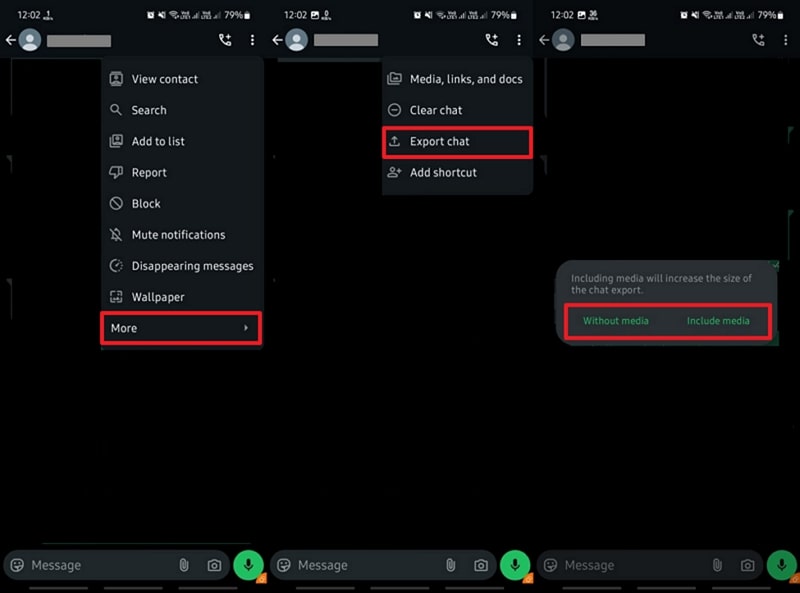 android whatsapp export chat settings