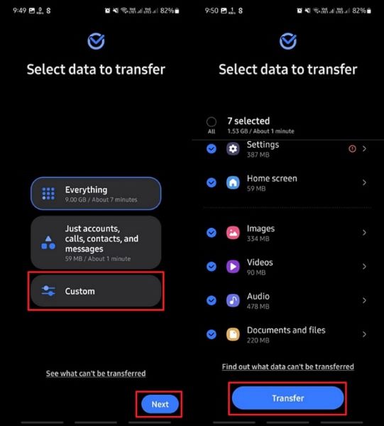 choose data type and transfer