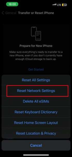 how to reset network settings iphone