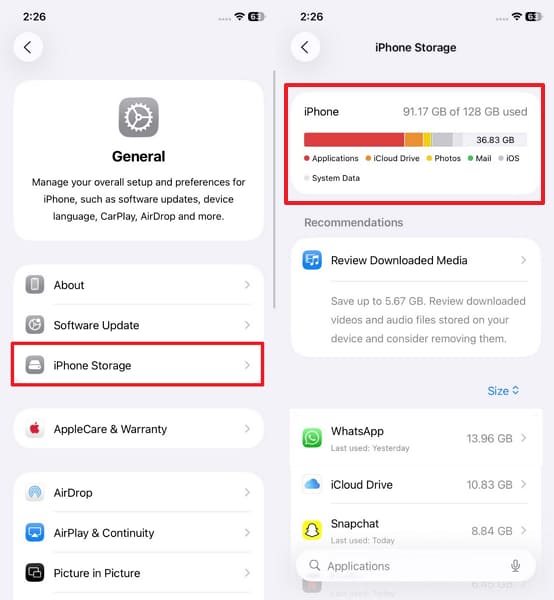 check iphone storage