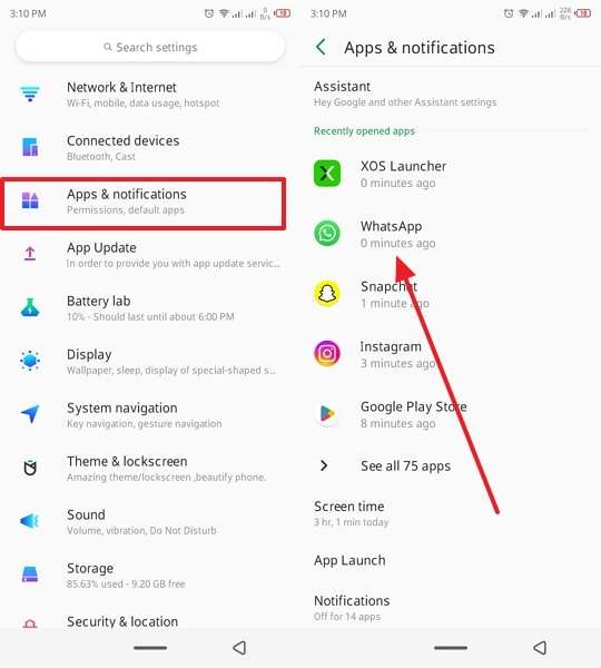 choose whatsapp from settings