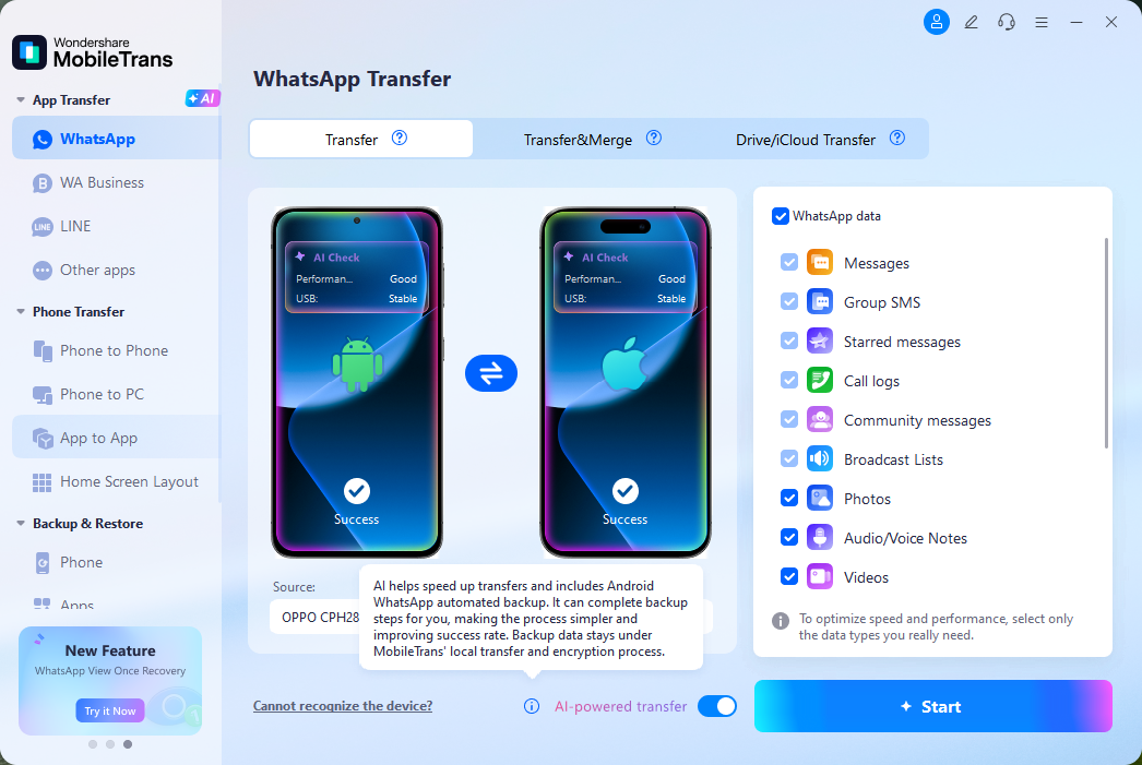 Select WhatsApp data in MobileTrans on Windows