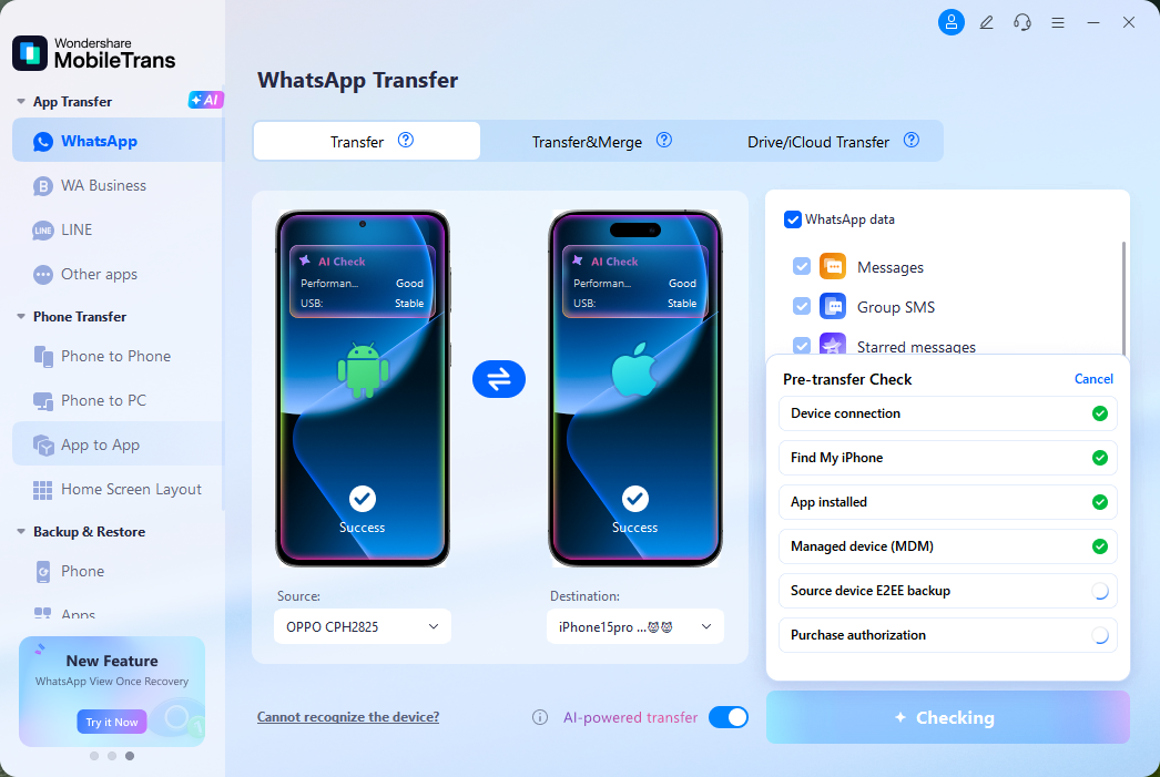 Complete the pre-transfer check in MobileTrans