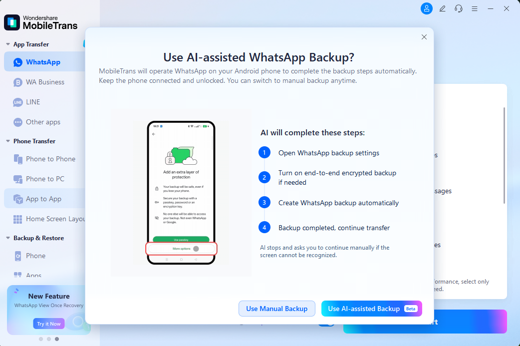 Choose AI-assisted WhatsApp Backup in MobileTrans