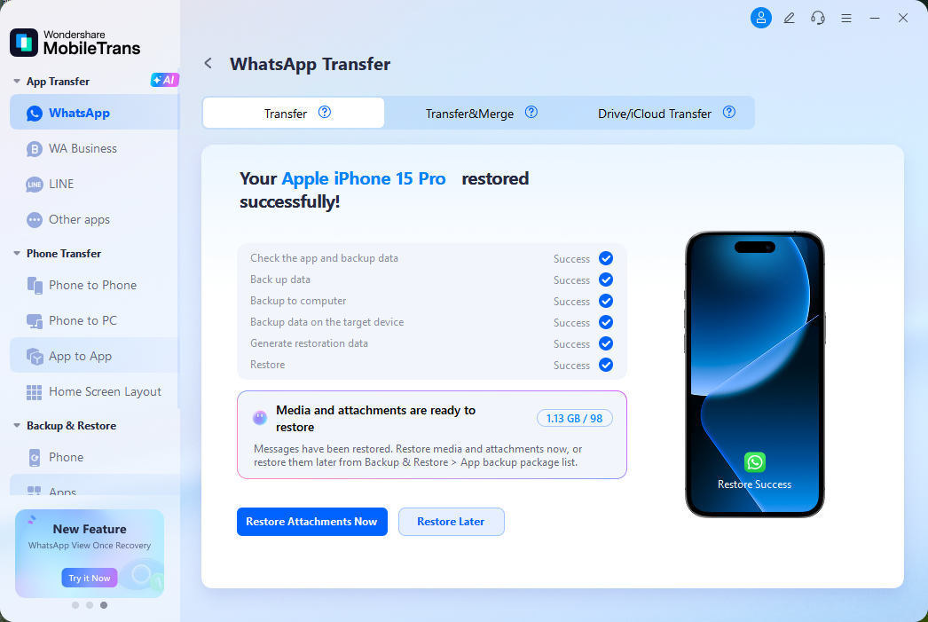 WhatsApp data restored successfully in MobileTrans