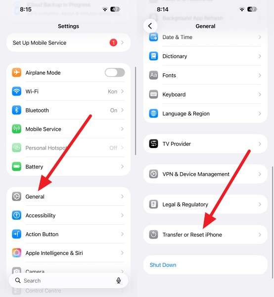 go to reset settings