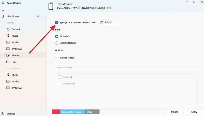 pick sync photos option