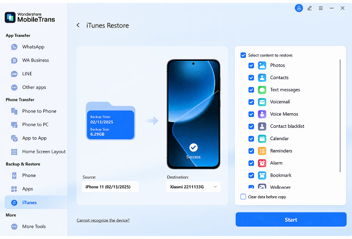 Restore from Backup Step 3 preview
