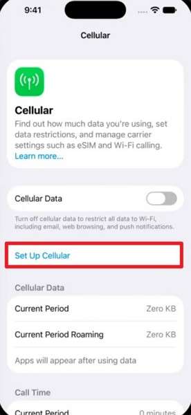 select setup cellular option