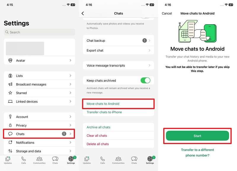 choose move chats to android