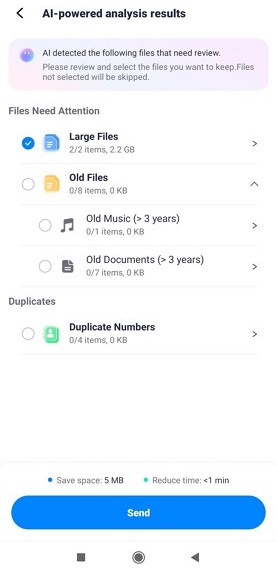 check storage space and transfer time saved