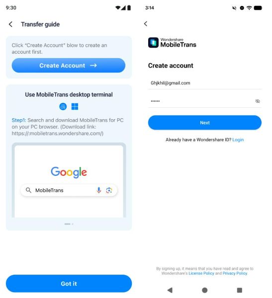 create a wondershare account for line transfer