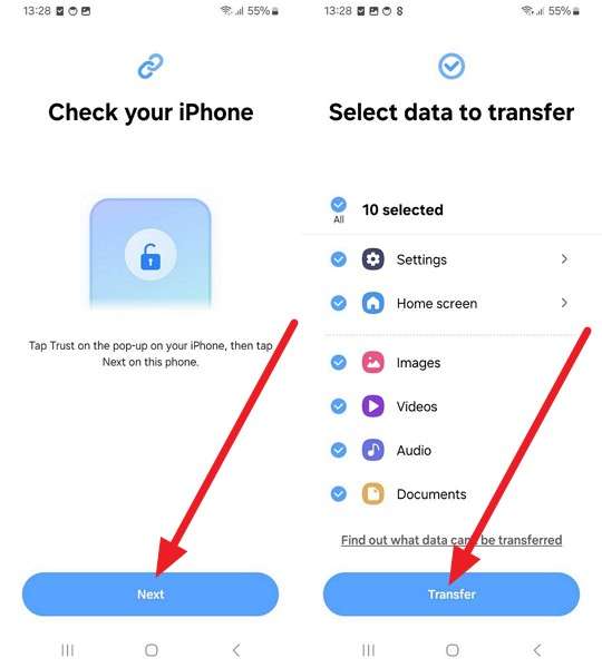 tap on the transfer button