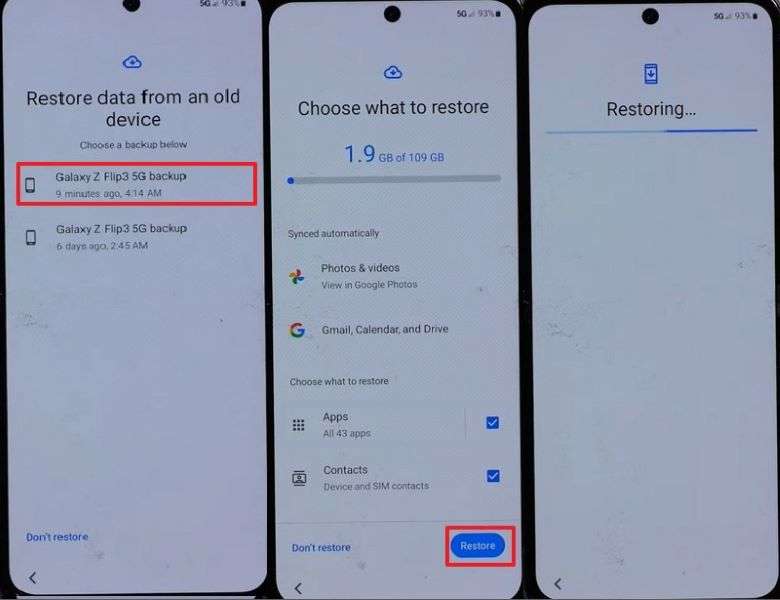 select data to restore to oppo