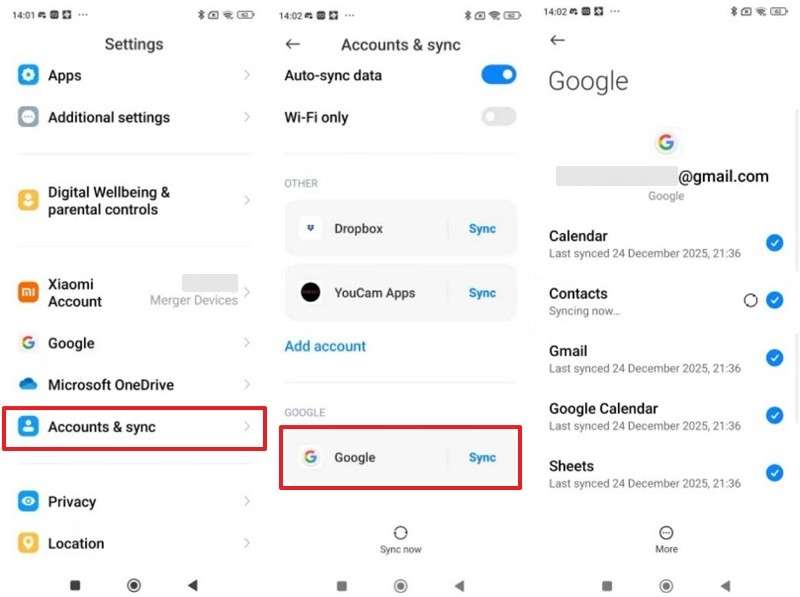 sync android data to google