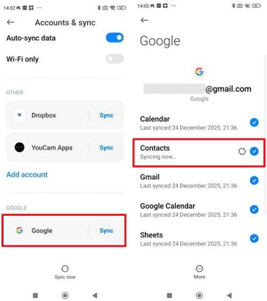 move synced contacts from google