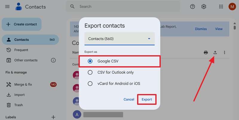 export csv file from pc
