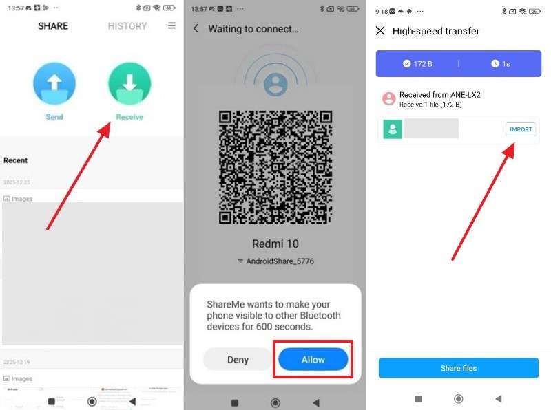 receive vcf file via shareme