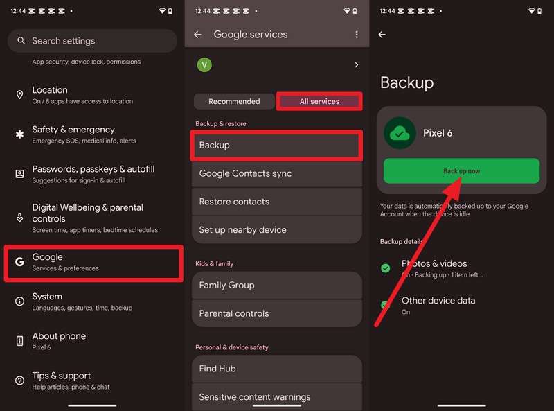 tap the google backup